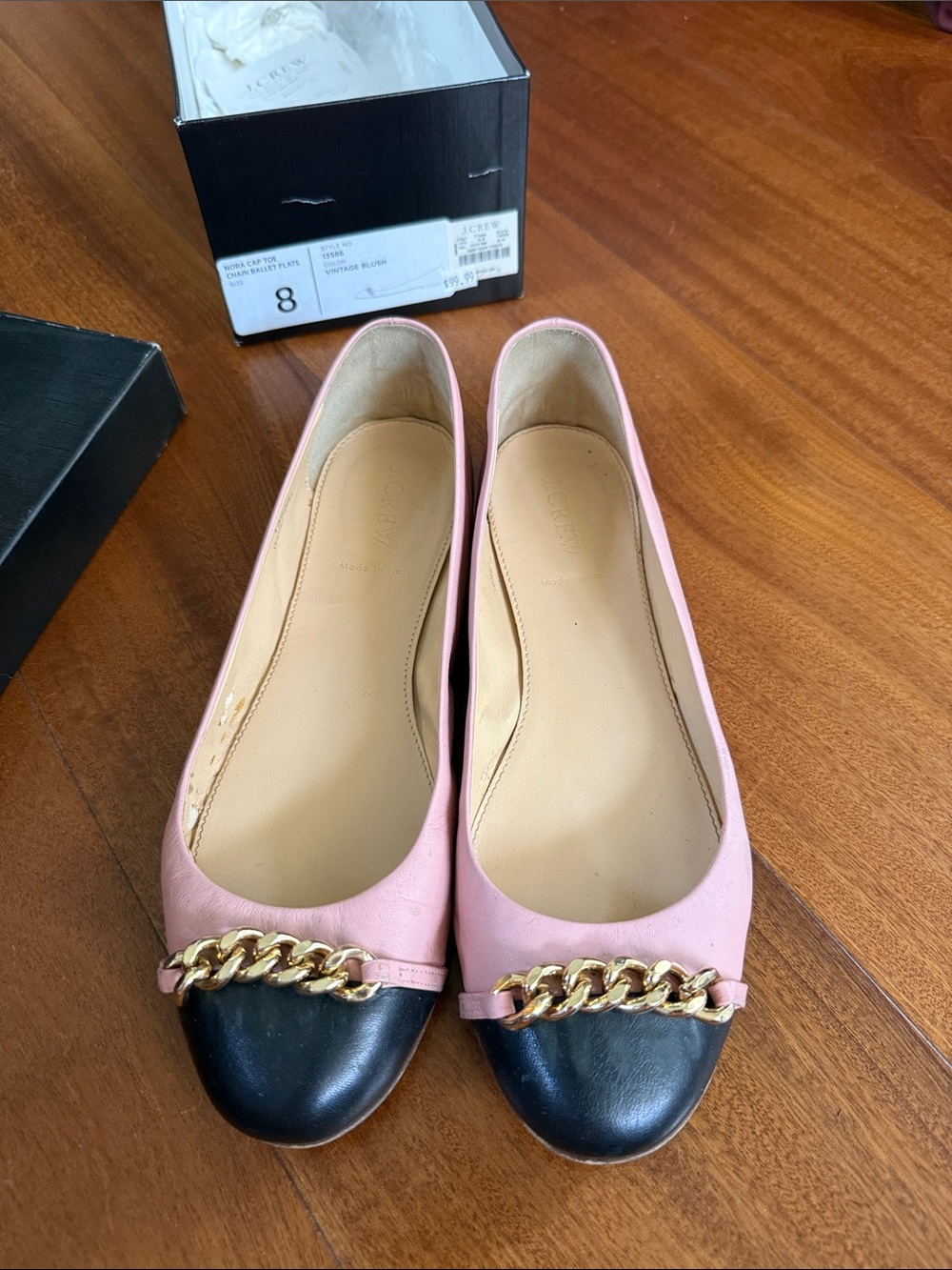 J. Crew Pink Leather Flats with Black Cap-Toe and Gold Chain